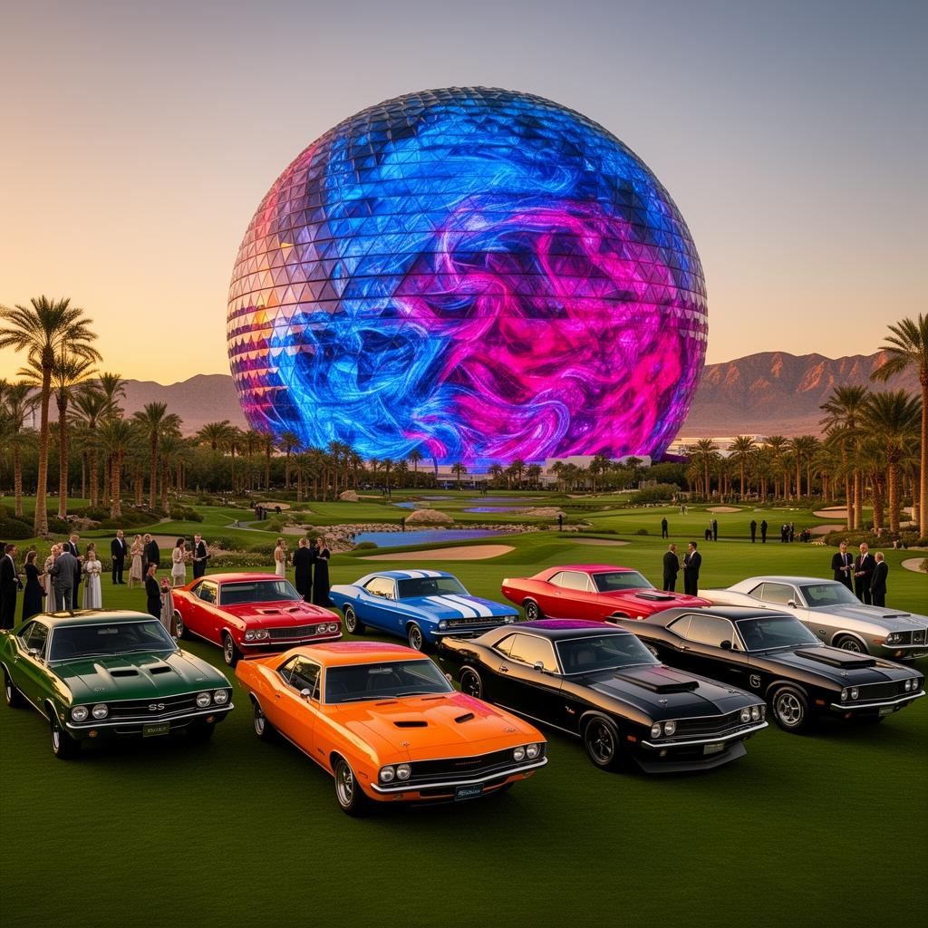 Concours d'elegance car show on a Las Vegas golf course with the Sphere glowing in the background