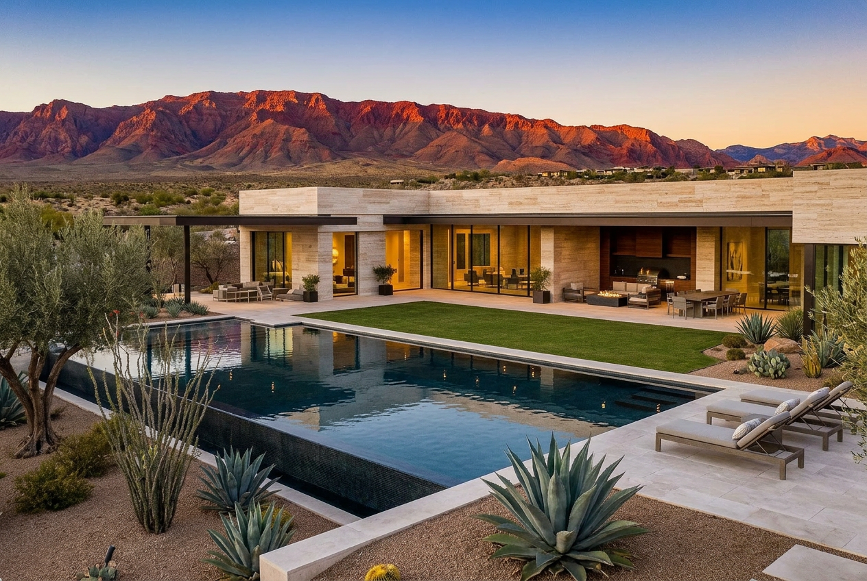 Contemporary luxury Las Vegas estate with infinity pool and desert landscaping