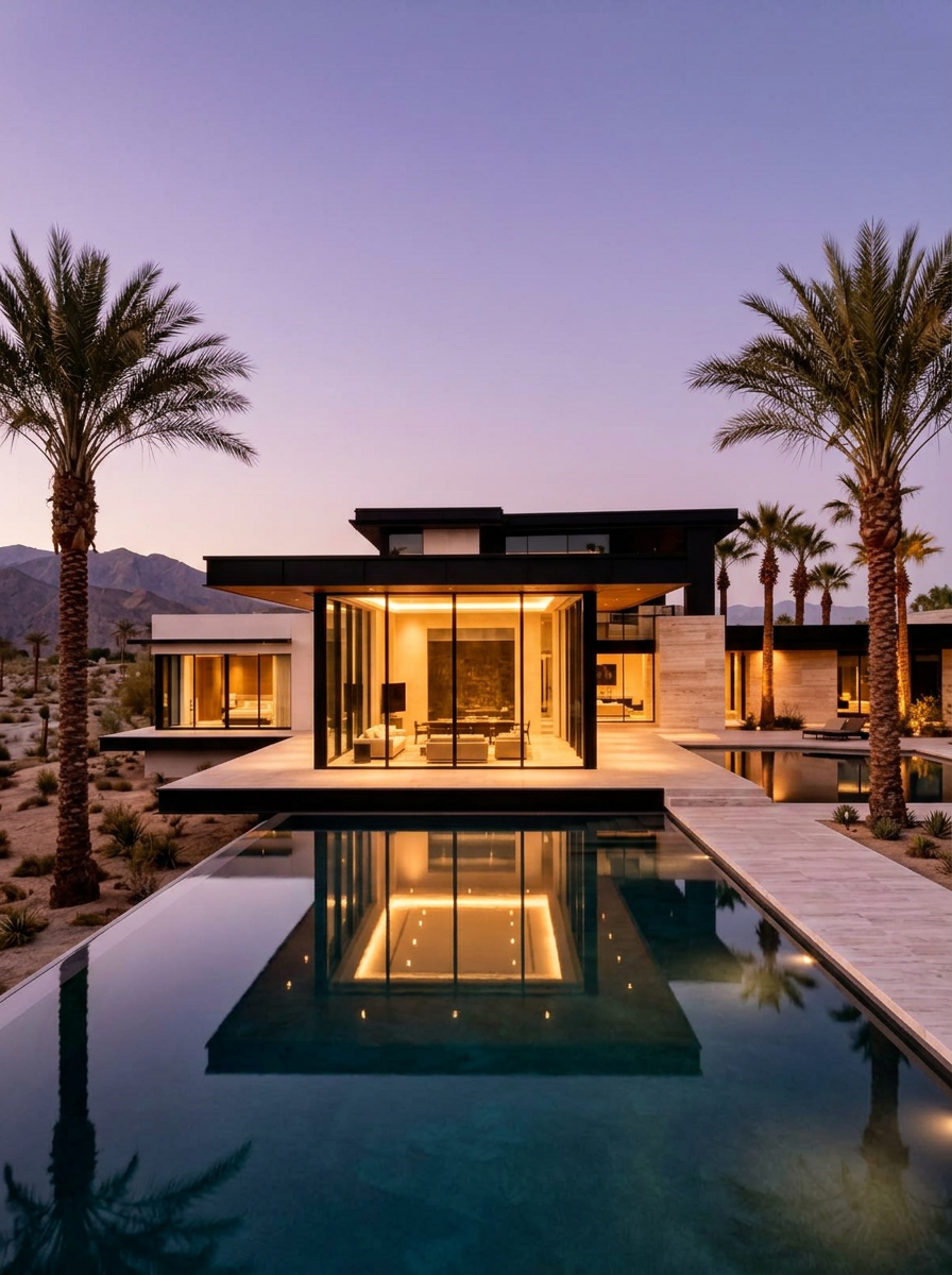 Modernist white desert villa with palm trees