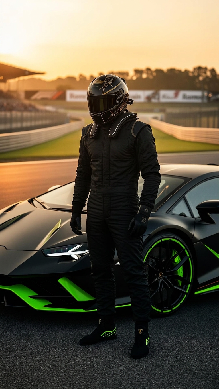 Woman in black leather suit and helmet beside a Lamborghini Aventador on a race track at sunset