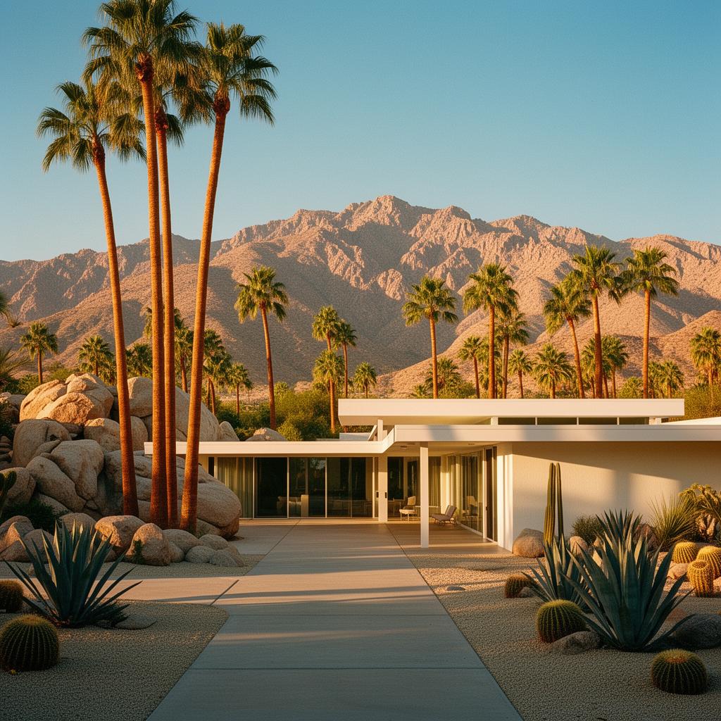 Modernist desert architecture in Palm Springs with the San Jacinto Mountains